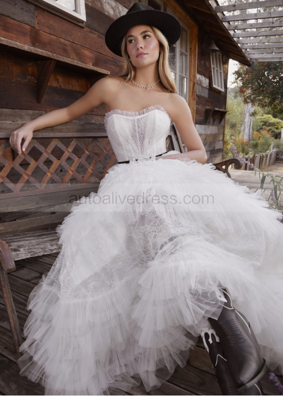 Strapless Ivory Lace Tulle Ruffled Unique Wedding Dress